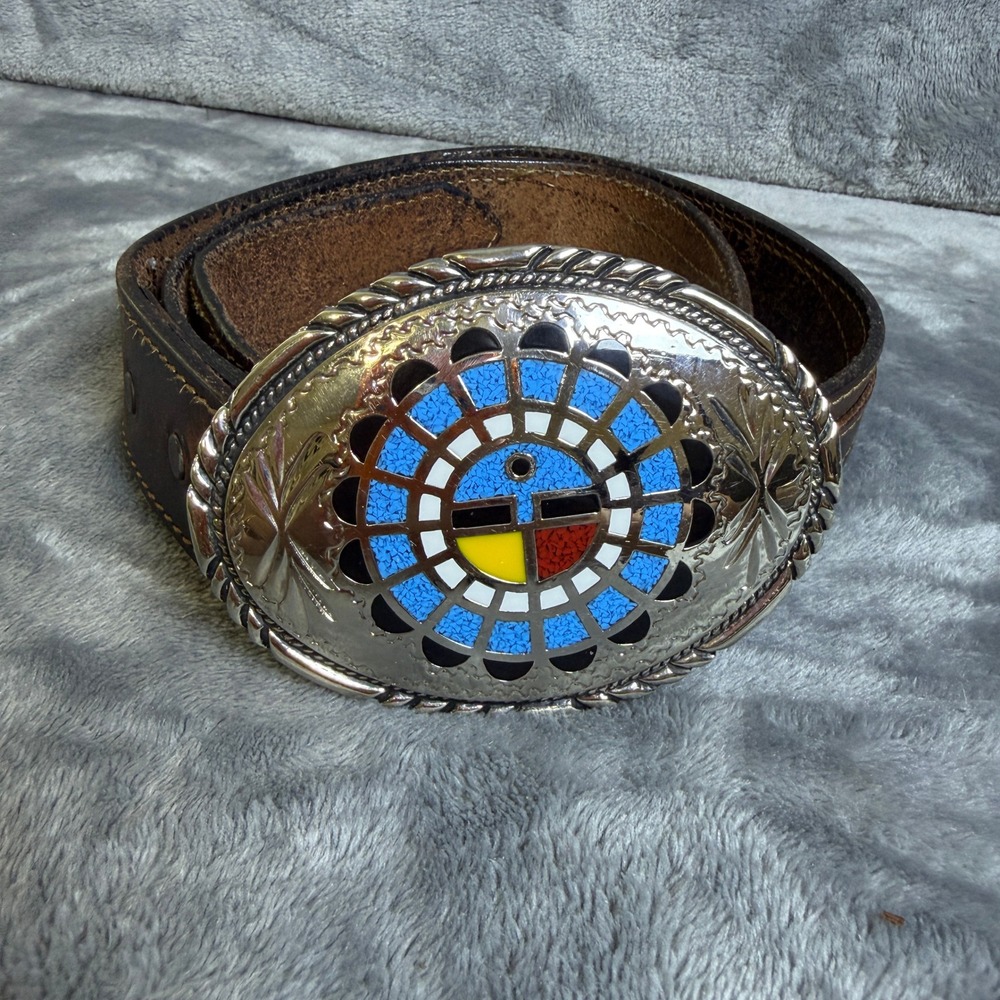 SSI Handcrafted USA Leather Belt 38 Navajo Sunface Buckle Beaded Concho Brown